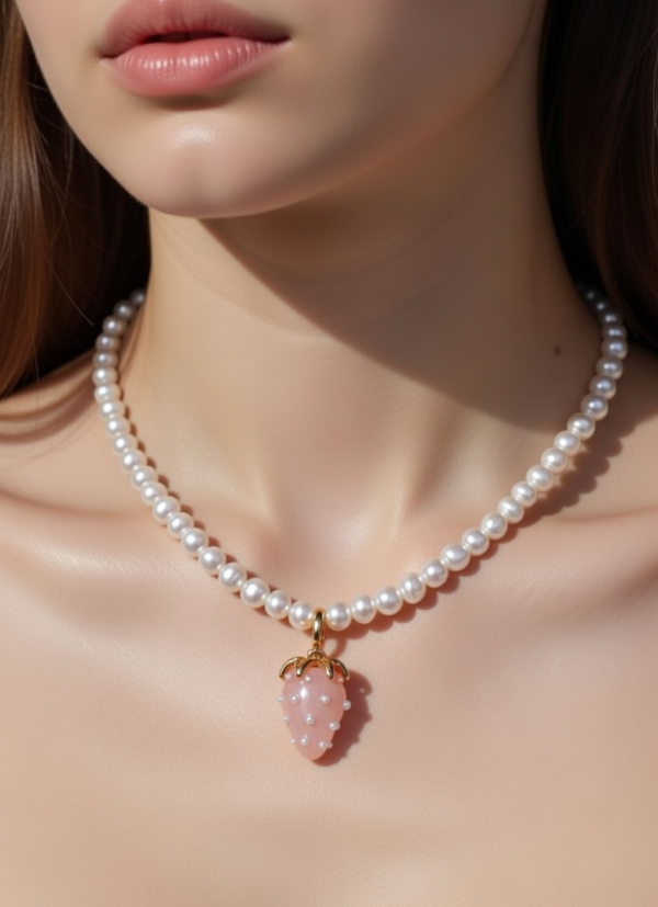 Pink strawberry pearl choker